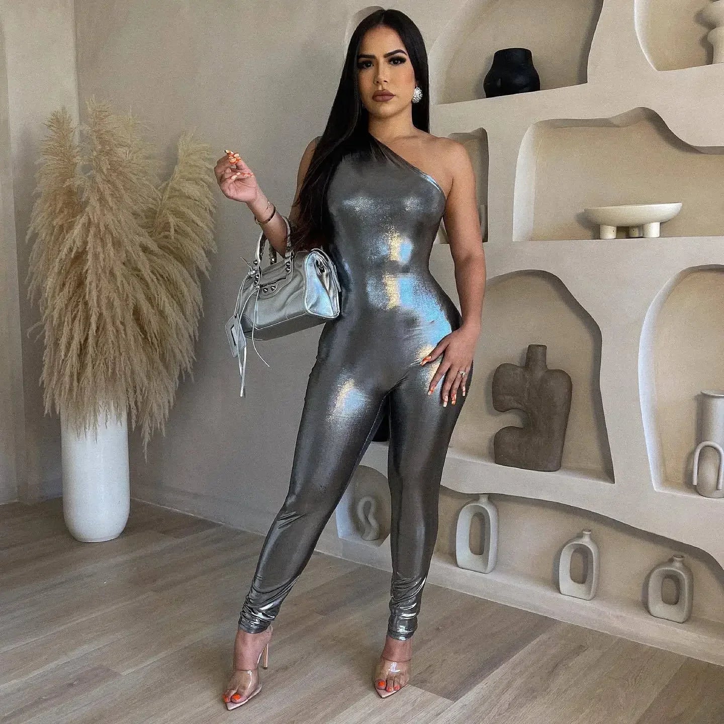 Elegant Shiny Metallic One Shoulder Sleeveless Jumpsuit Romper for Women Party Night Club Outfit