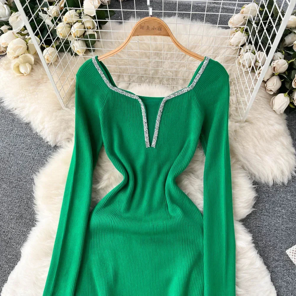 Knit Bodycon Dress For Women Long Sleeve Winter Sweater