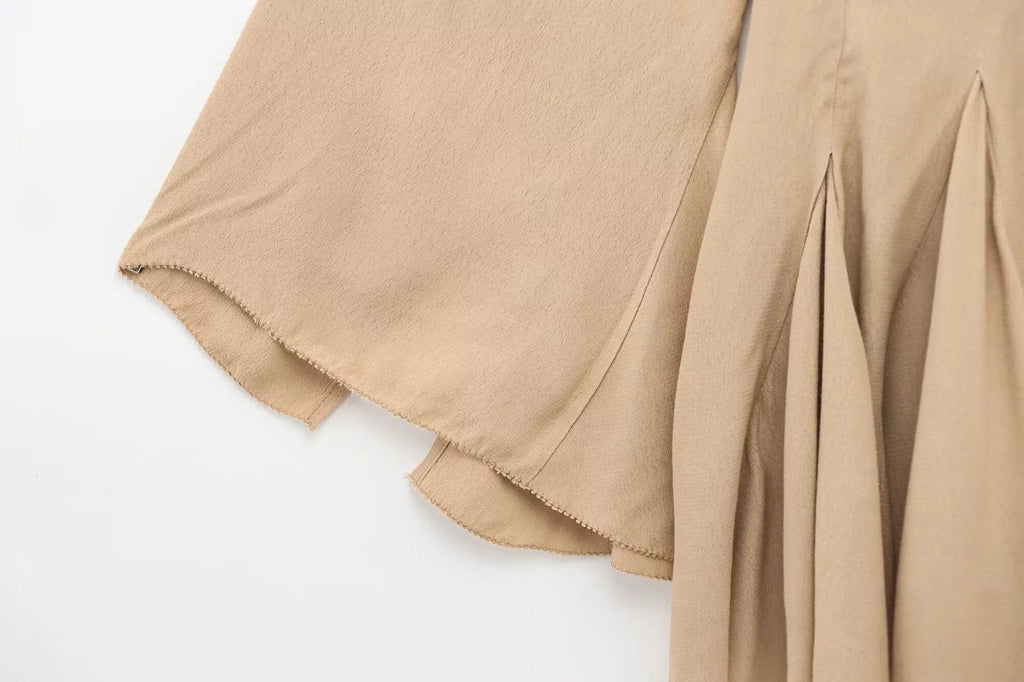 Womens Lace Up Mini Dress With Flared Sleeves Pleated