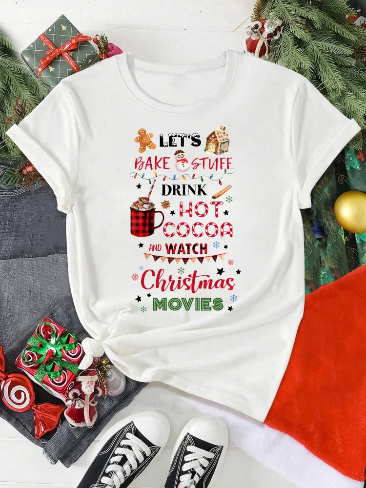 Funny Christmas T Shirt for Women Let's Bake Stuff Drink Hot Cocoa and Watch Movies Holiday Party Tee