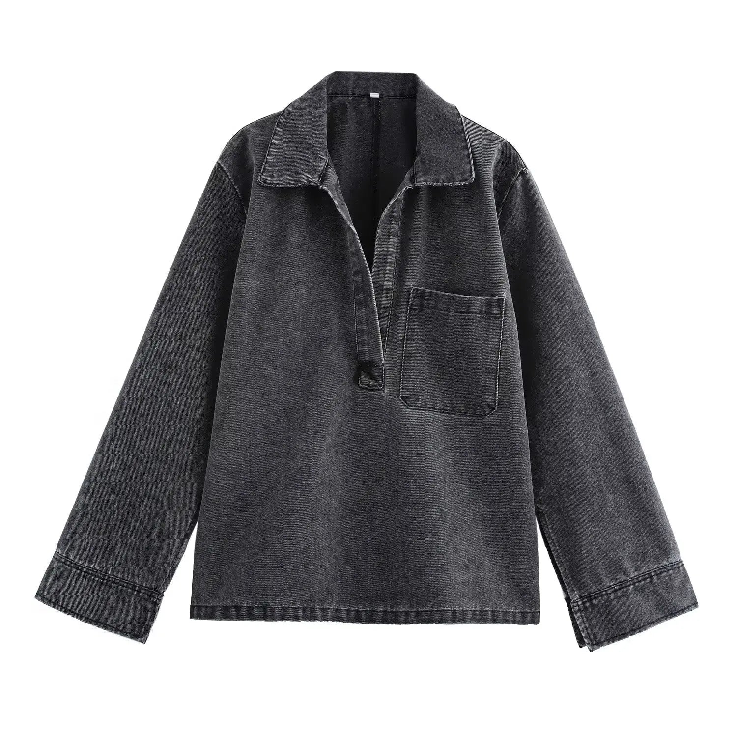 Autumn Denim Two Piece Set with Elastic Waist Wide Leg Pants and Polo Collar Long Sleeve Top for Casual Style