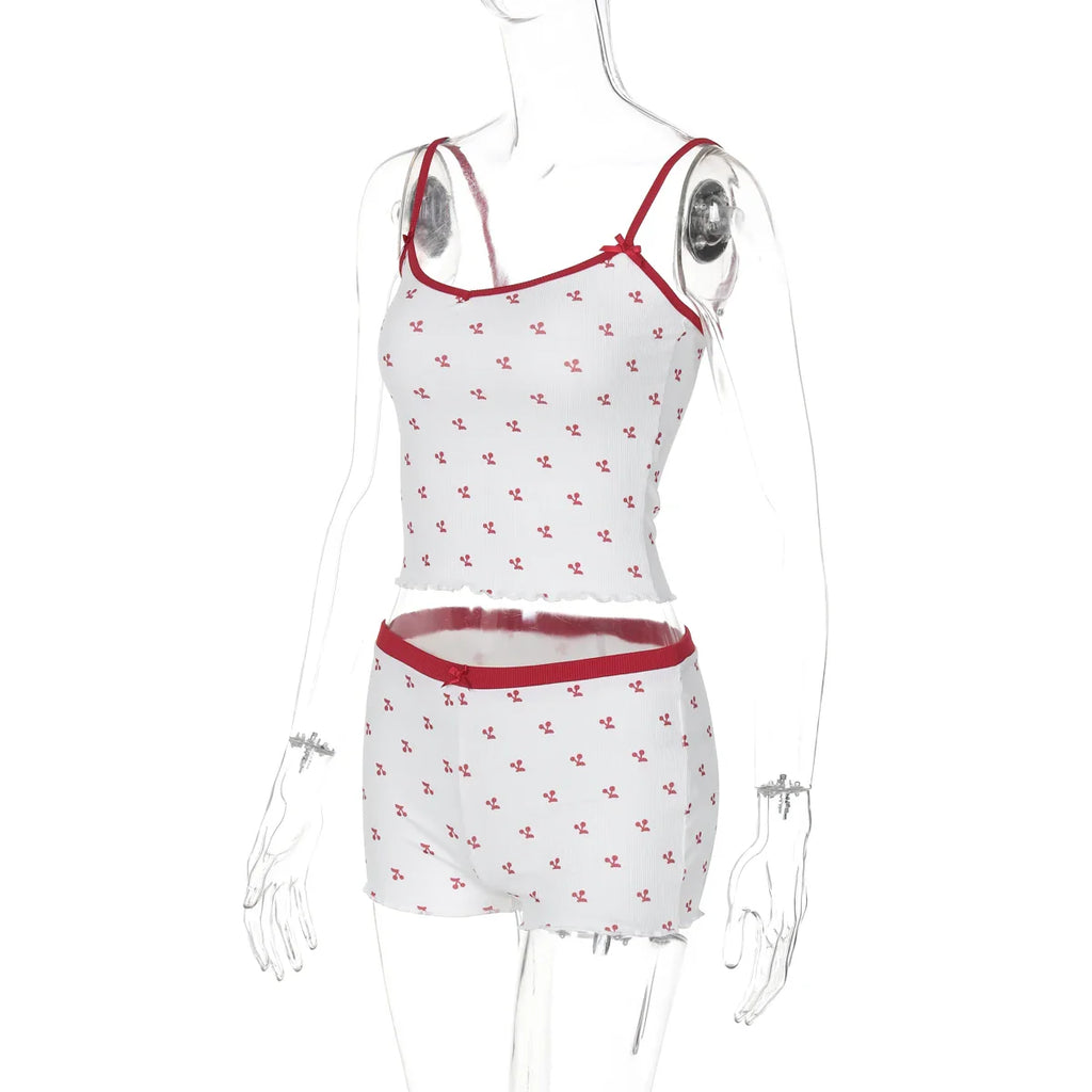 Cherry Print Two-Piece Matching Set with Slim Crop Camisole Top and Bow-Accent Shorts Summer Casual Festival and Workout Outfit for Women