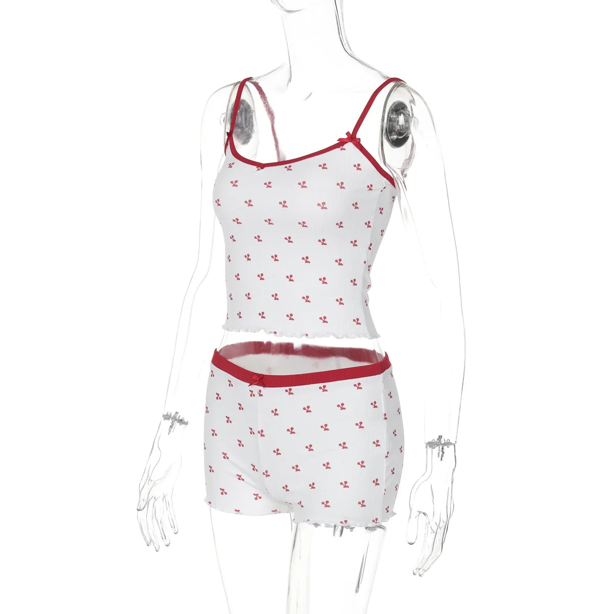 Cherry Print Two-Piece Matching Set with Slim Crop Camisole Top and Bow-Accent Shorts Summer Casual Festival and Workout Outfit for Women