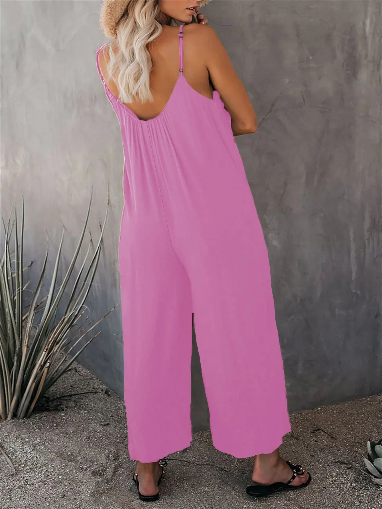 Women's Summer Strap Jumpsuit with Solid Color Design and Convenient Side Pockets Casual Lightweight Romper