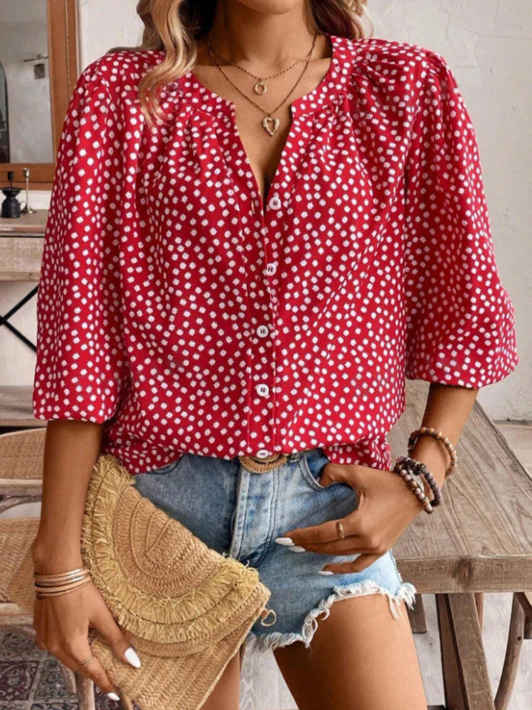 Women's Vacation V-Neck Button-Up Mid-Sleeve Shirt with Open Gap and Single Row Buttons Casual Summer Top