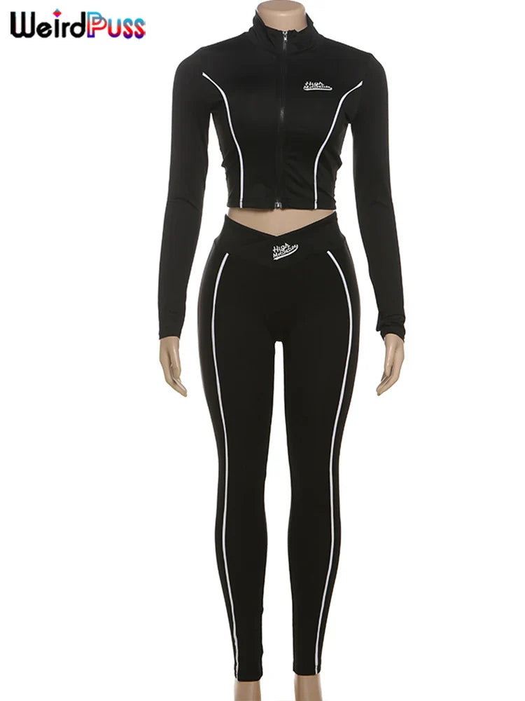 Casual 2 Piece Tracksuit Set with Zip Crop Jacket and Leggings for Sporty Streetwear