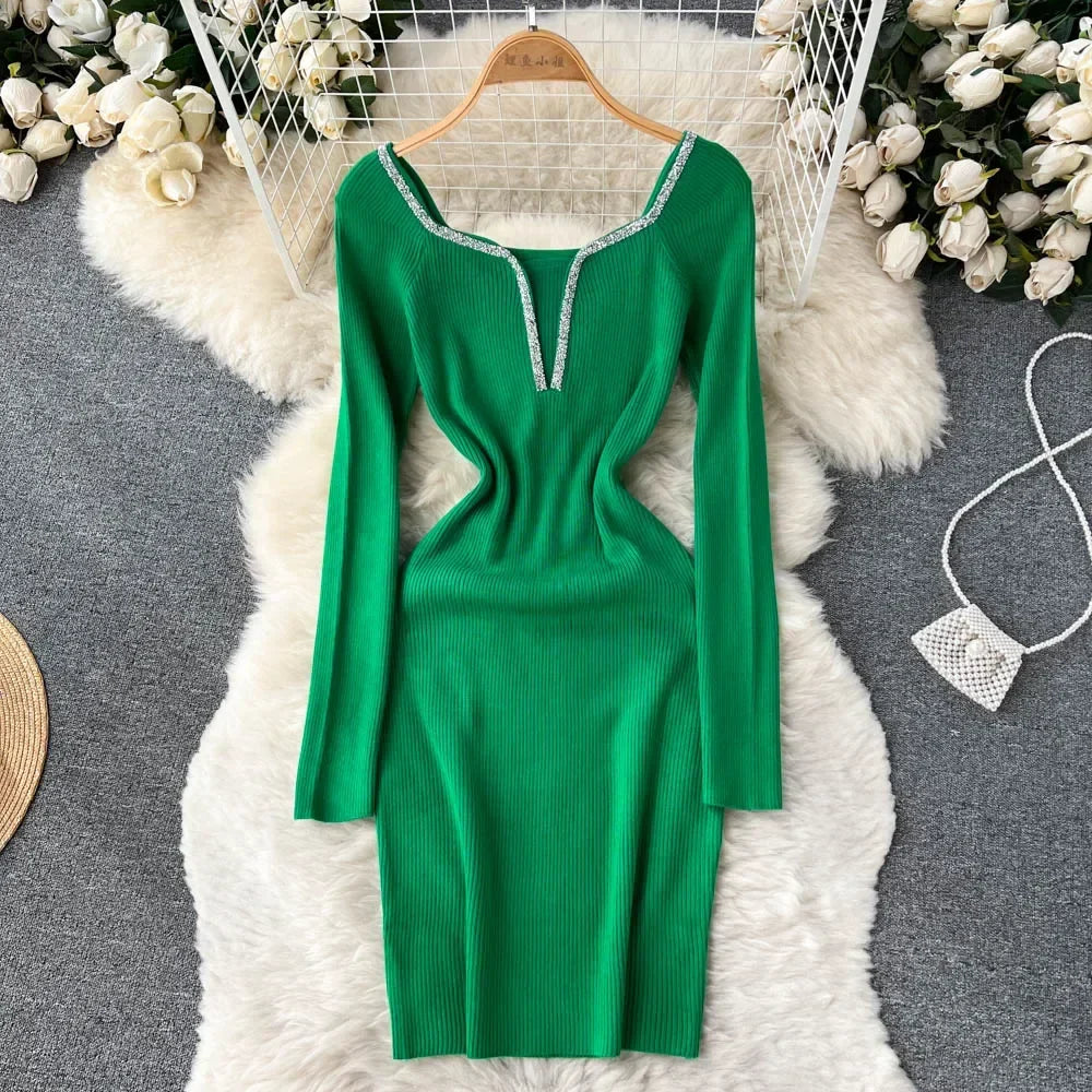 Knit Bodycon Dress For Women Long Sleeve Winter Sweater