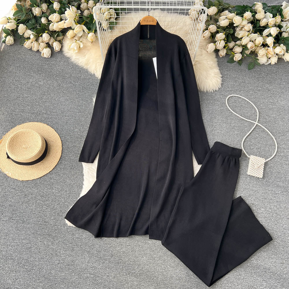 3 Piece Knitted Tracksuit Set for Women Comfy Loungewear with Long Cardigan Coat Turtleneck Vest and Pants