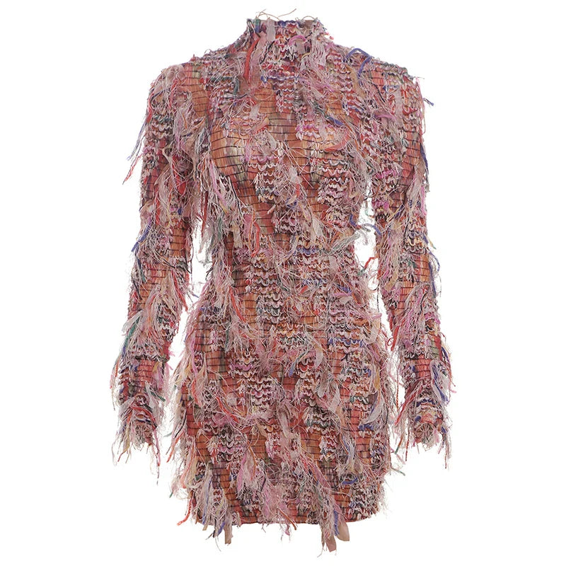 Crochet See Through Dress With Colorful Tassels Bodycon