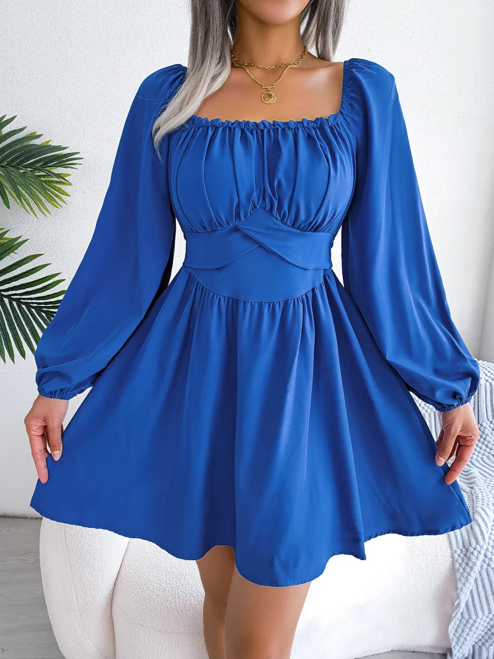 Square Neck Long Sleeve Pleated Mini Dress High Waist