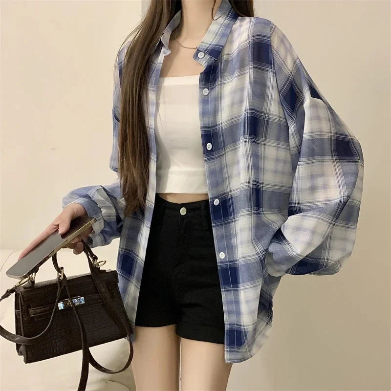 Breezy Oversized Plaid Shirt for Women Long Sleeve Collared Button-Down Blouse Casual Spring Summer Boyfriend Style Top