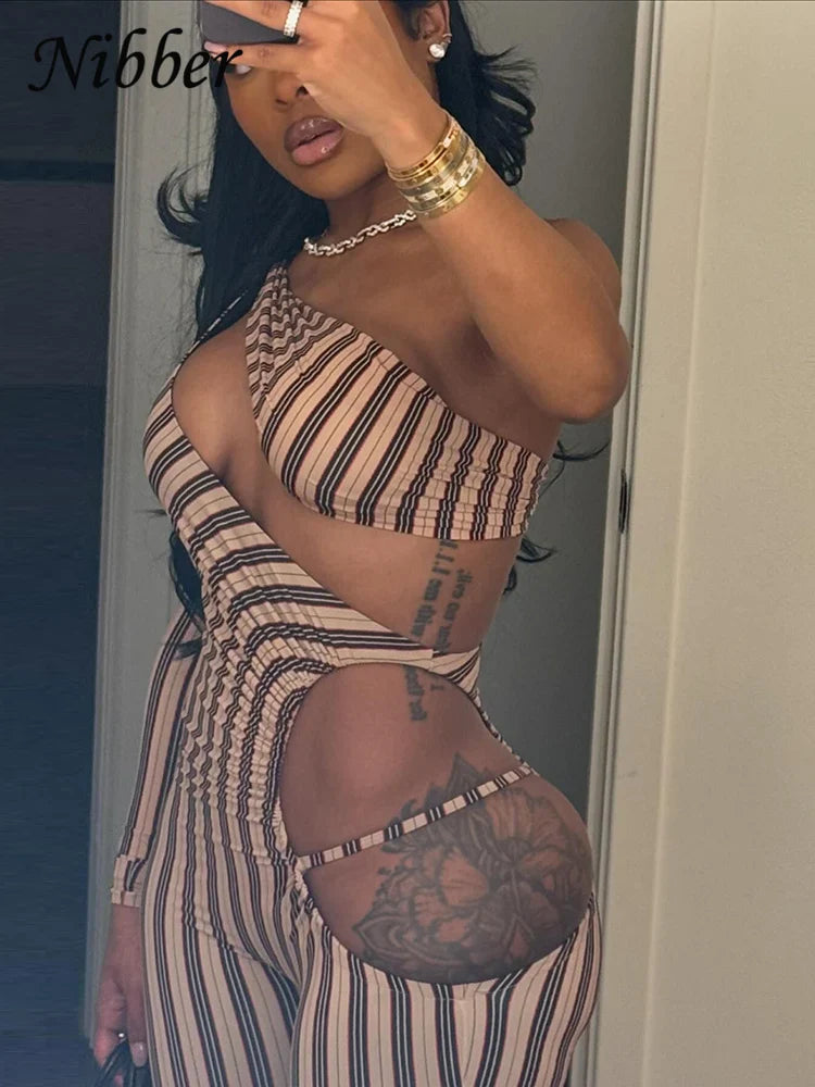 Sexy Hollow Ruched Jumpsuit for Women Irregular Hipster Stripe Print Full Sleeve Midnight Fit Workout Overalls