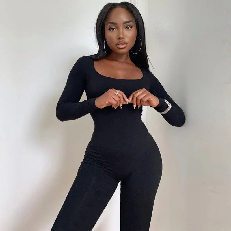 Deep Neck Long Sleeve Skinny Black Stretchy Bodycon Jumpsuit Slim Fit Autumn Winter Fashion Streetwear Romper for Women