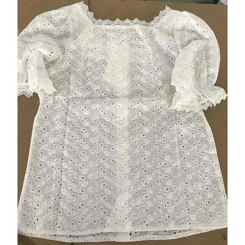 Elegant White Lace Blouse for Women Short Sleeve Square Collar Hollow Out Summer Shirt Chic and Breathable Feminine Top
