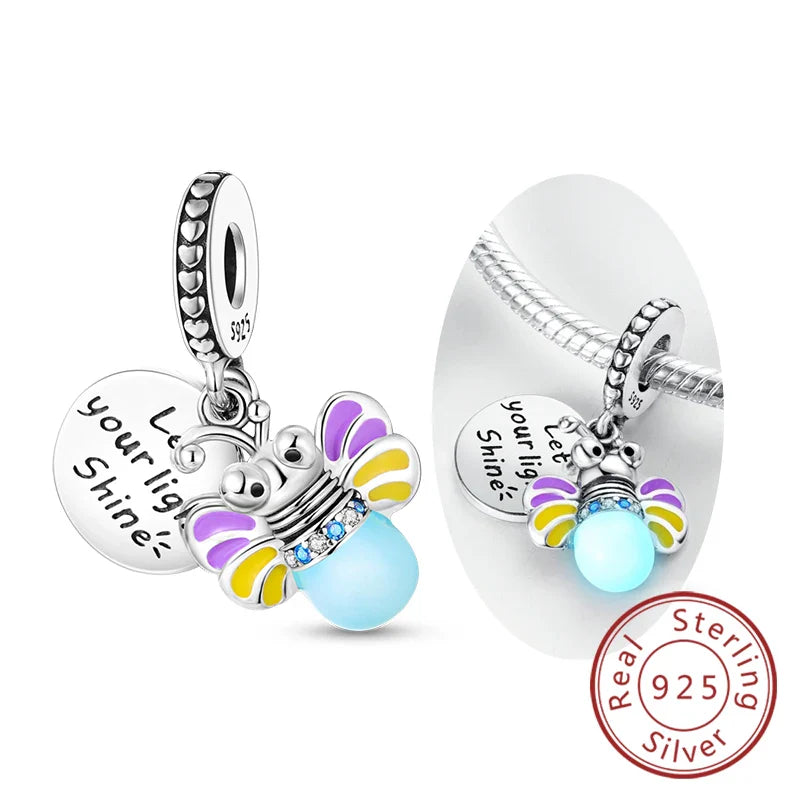 Glowing Luminous Firefly Butterfly Pendant Charm Beads in 925 Sterling Silver for Bracelet Jewelry