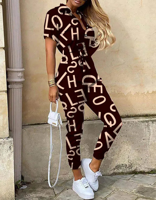 Summer Casual Women's Jumpsuit with Lapel Collar Printed Waistband and Stylish Buckle Detail