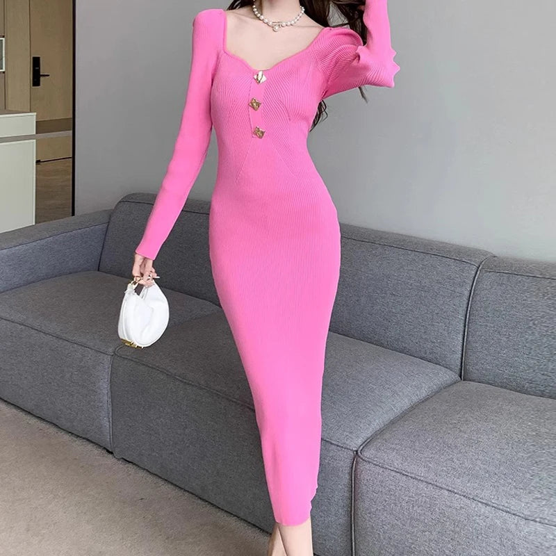Elegant V Neck Knitted Bodycon Wrap Dress For Women Midi