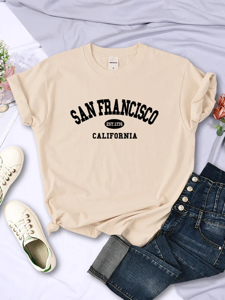 San Francisco California Letter Print Casual Women T-Shirt Short Sleeve Soft Breathable Tee