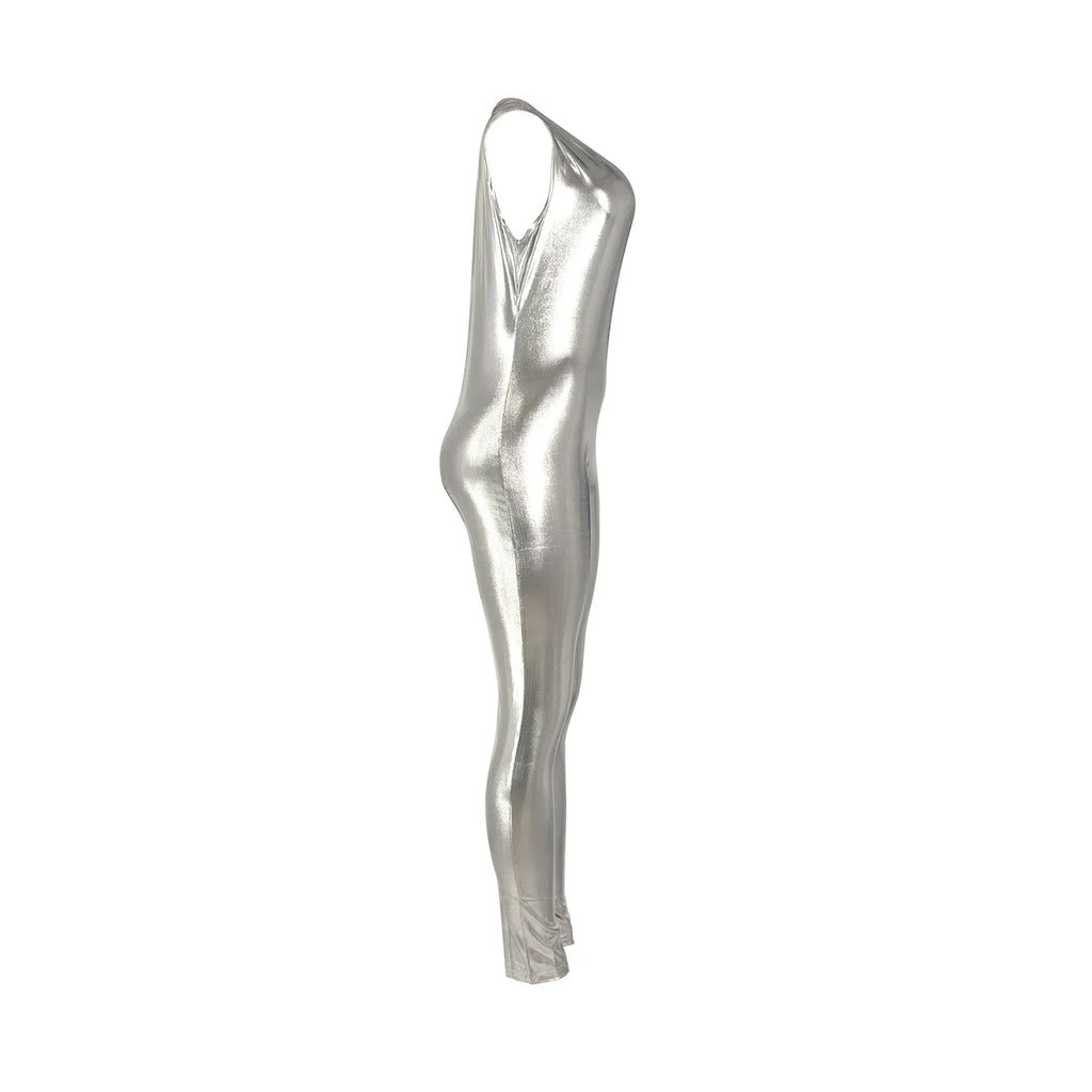 Elegant Shiny Metallic One Shoulder Sleeveless Jumpsuit Romper for Women Party Night Club Outfit