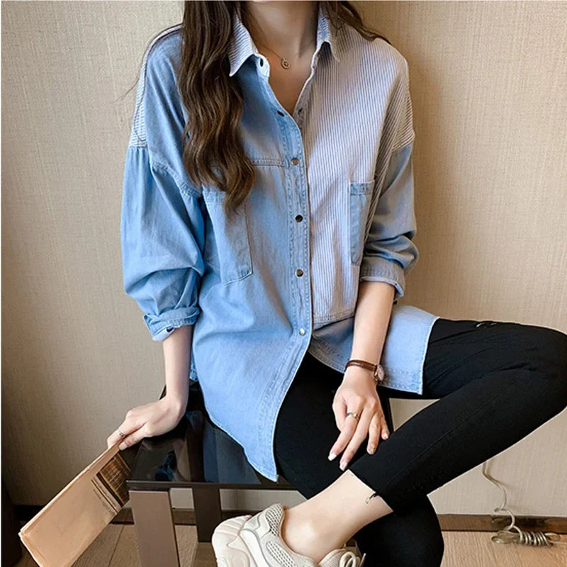 Loose Fit Women's Denim Shirt Long Sleeve Cotton Casual Button-Up Korean Style Autumn Winter Camisa Jeans Shirt