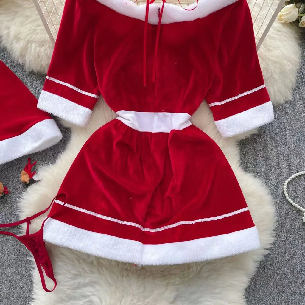 Sexy Christmas Cosplay Dress Red Halter Neck Mini Costume