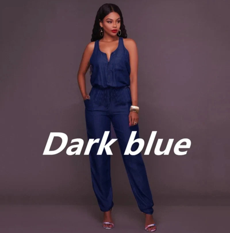 Womens Sleeveless Denim Jumpsuit Waist-Cinching Romper with Long Pants Stylish Summer Outfit