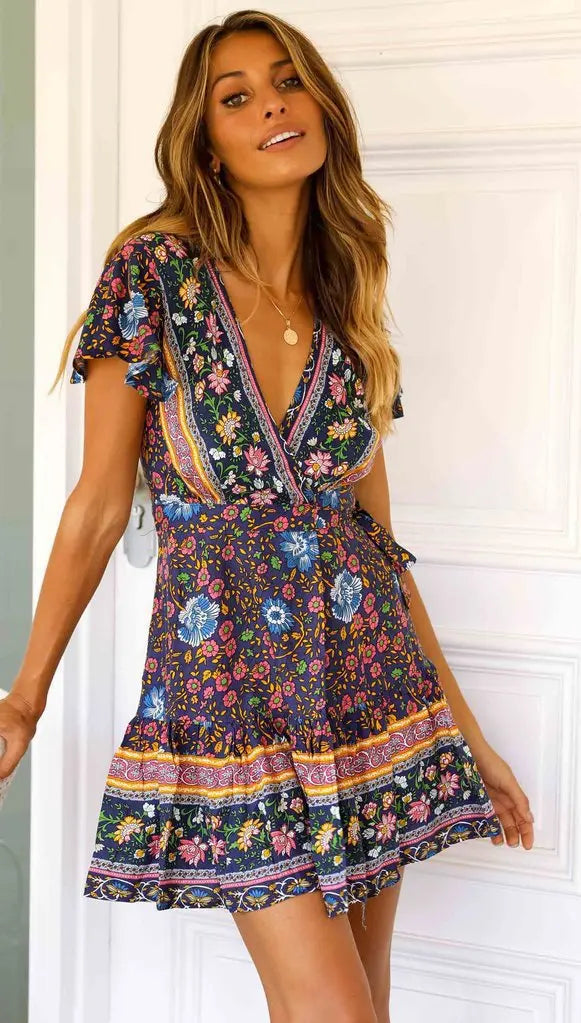 Bohemian Printed Dress With V Neck Lace Up Short Skirt