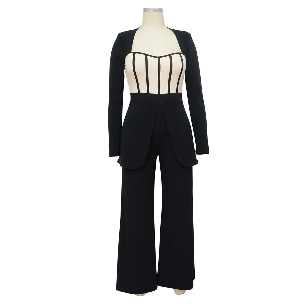 Women Long Sleeve Patchwork Romper Jumpsuit with Waist Cincher Wide-Leg Pants Elegant Office and Party Playsuit