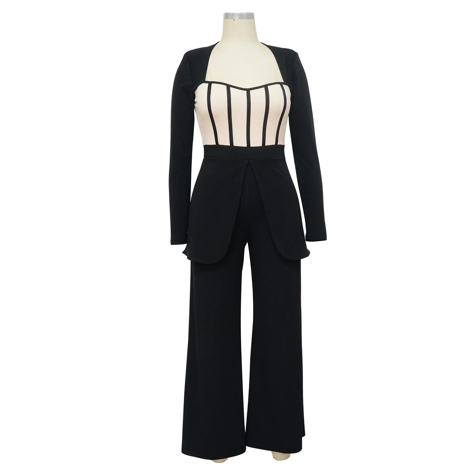 Women Long Sleeve Patchwork Romper Jumpsuit with Waist Cincher Wide-Leg Pants Elegant Office and Party Playsuit