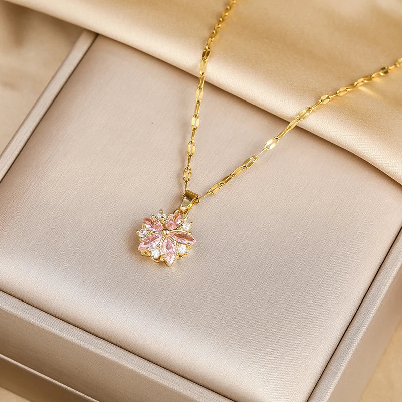 Cute Pink Sakura Pendant Stainless Steel Necklace for Women with Clavicle Chain and 18K Gold Plating, Perfect Gift for Fashion Lovers
