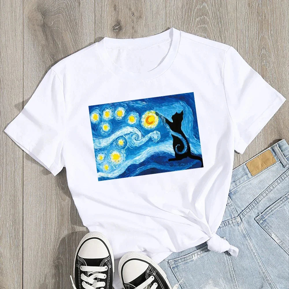 Aesthetic Van Gogh Starry Night Cat Print Women's Short Sleeve T-Shirt