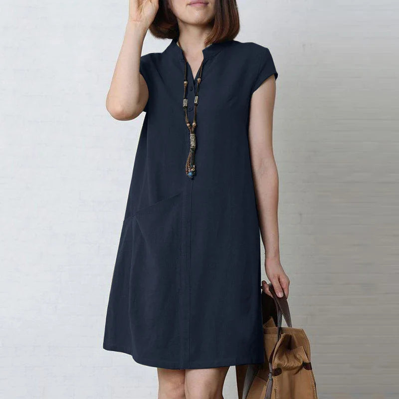 Cotton Summer Dress V Neck Short Sleeve Knee Length