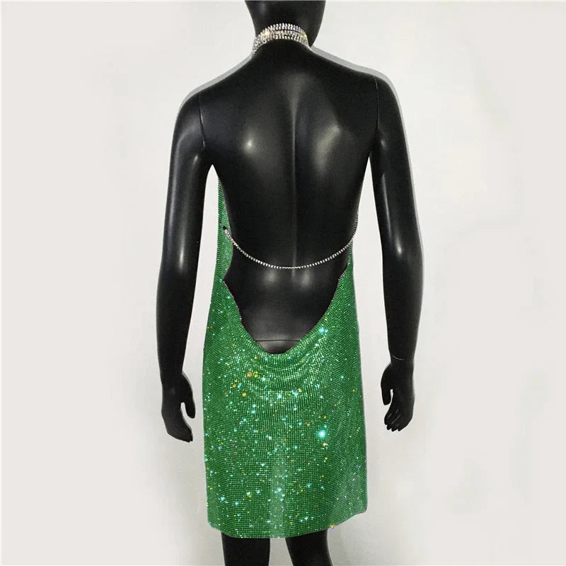 Sequin Rhinestone Backless Mini Dress For Nightclub Party