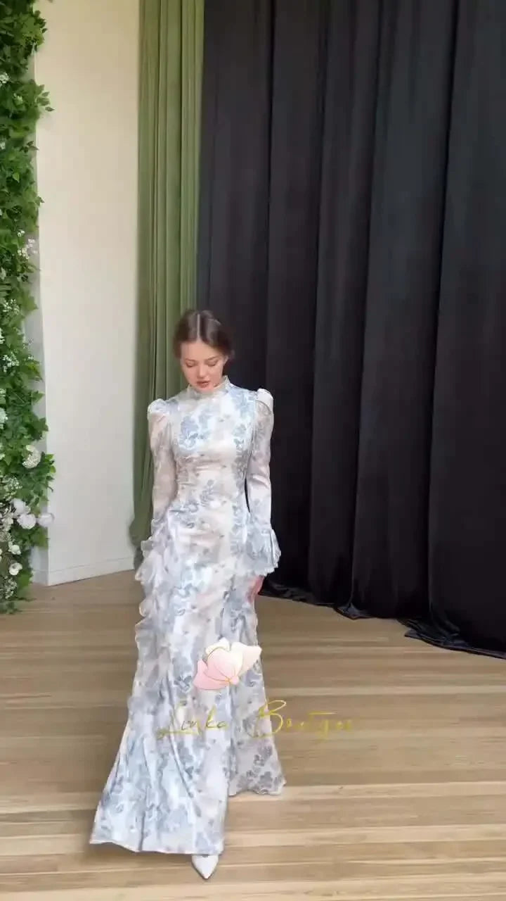 Satin Lace Up Printed Dress Long Sleeve Bodycon Evening Gown