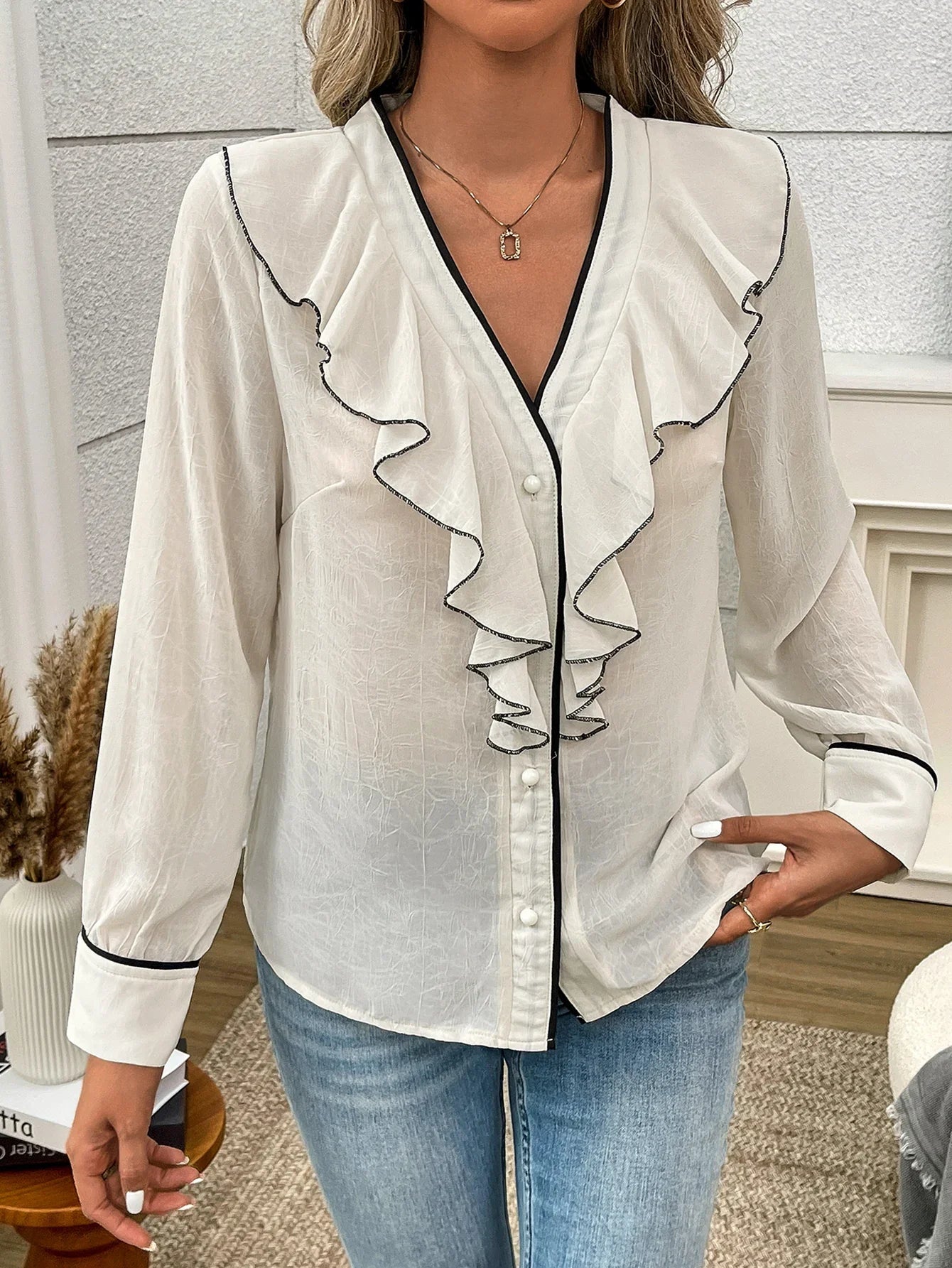 Women's Elegant Lotus Leaf Lace V Neck Sheer Transparent Blouse Sexy Fashion Top