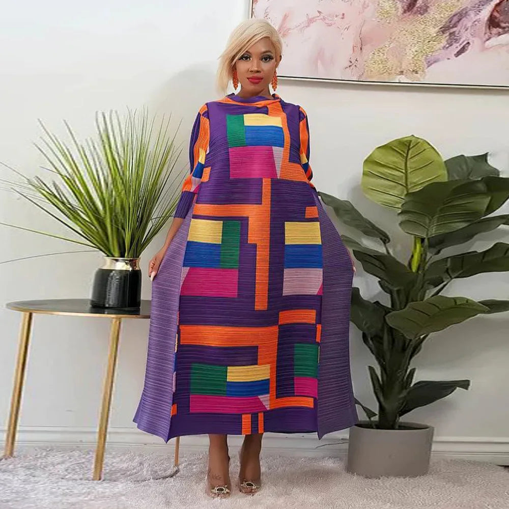 Leaf Print Pleated Boho Maxi Dress for Women Casual Beach