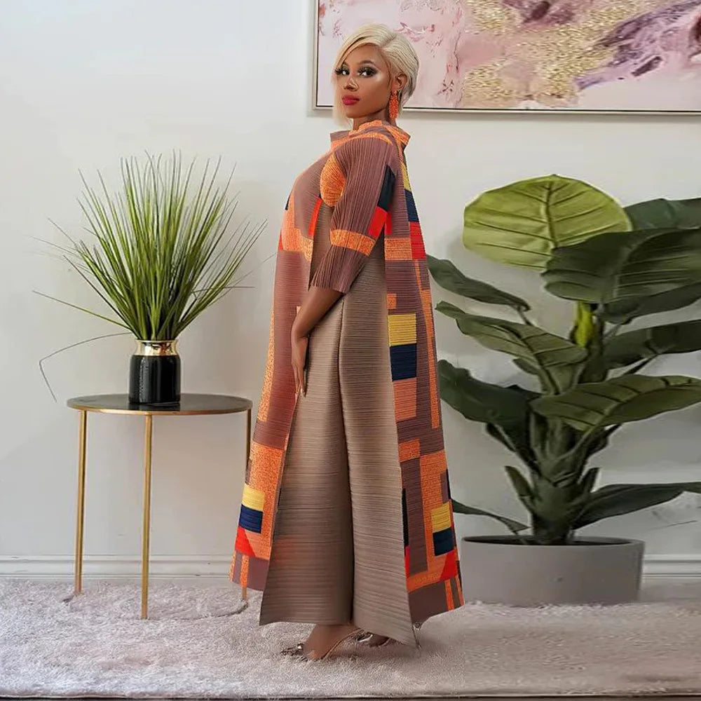 Leaf Print Pleated Boho Maxi Dress for Women Casual Beach