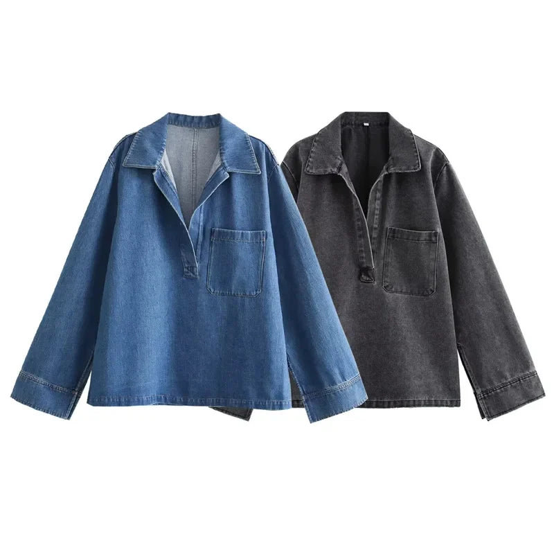 Blue Oversized Shirt and Wide Baggy Pants Denim Two Piece Set for Women Casual Autumn Outfit