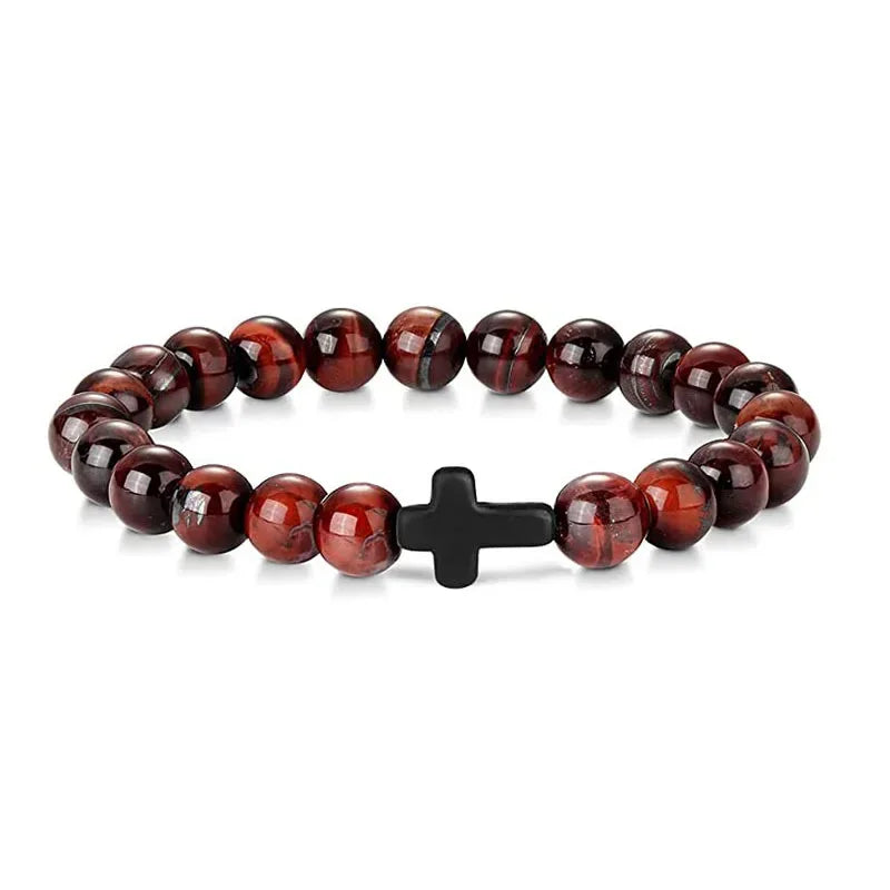 Natural Stone Hematite Cross Bracelet with Onyx and Wood Beads for Men and Women - Meditation and Yoga Jewelry