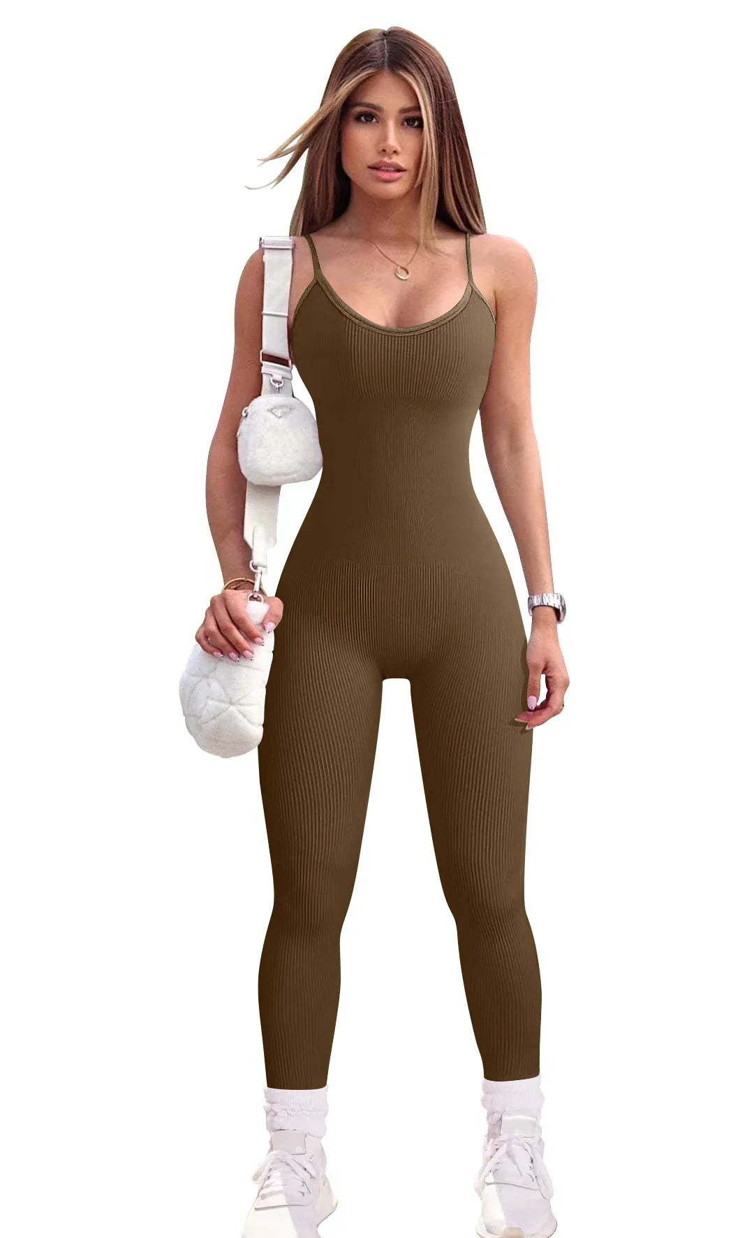 Solid Color Slim-Fit Seamless Hip Lifting Bodysuit Yoga Jumpsuit Set for Women