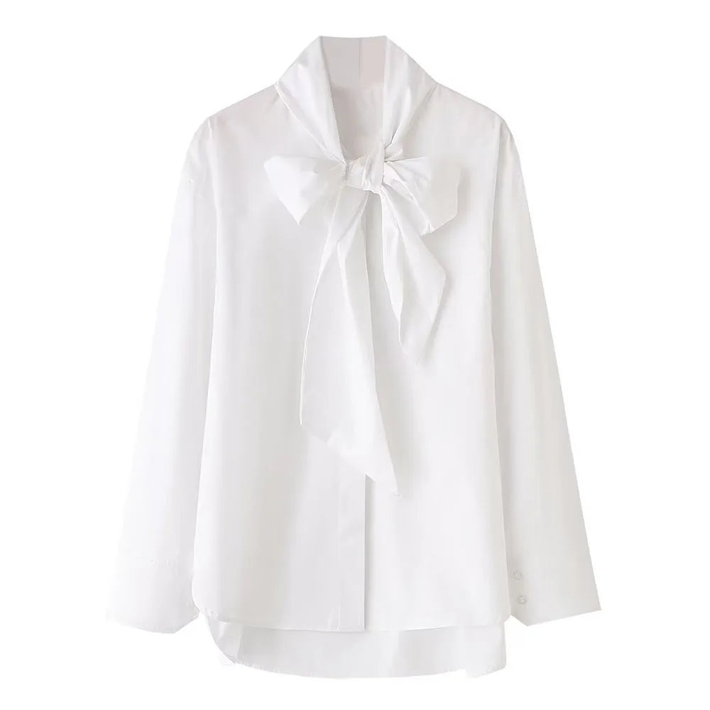 Pure White Slim Fit Poplin Shirt with Elegant Bow Decoration Lightweight Spring and Summer Fashion Top