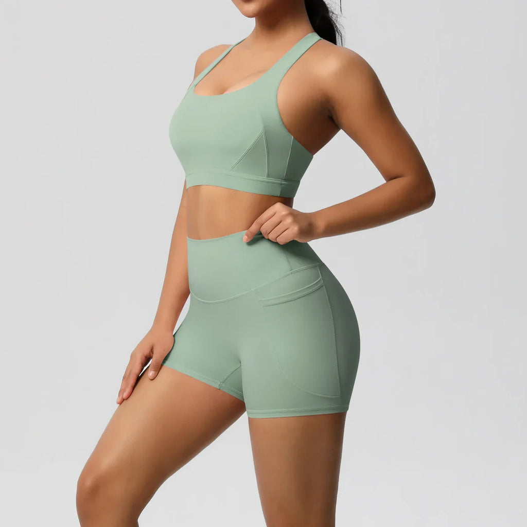 2PCS Pocketed Yoga Set for Women with Crossover Bra and Gym Leggings Workout Tracksuit Sports Shorts Activewear