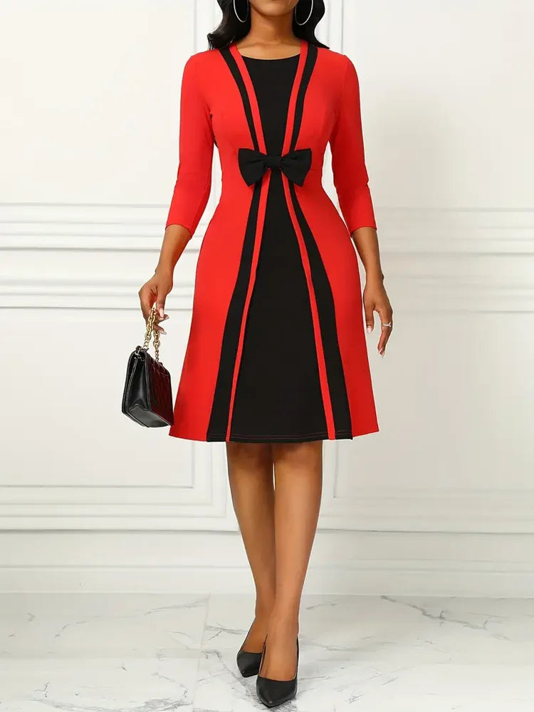 Elegant Square Neck Dress With Patchwork And Bow Details