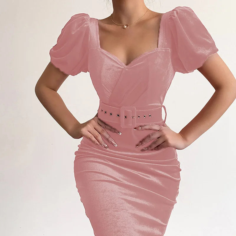Velvet Wrapped Dress With Low Neck Bubble Sleeves Chic