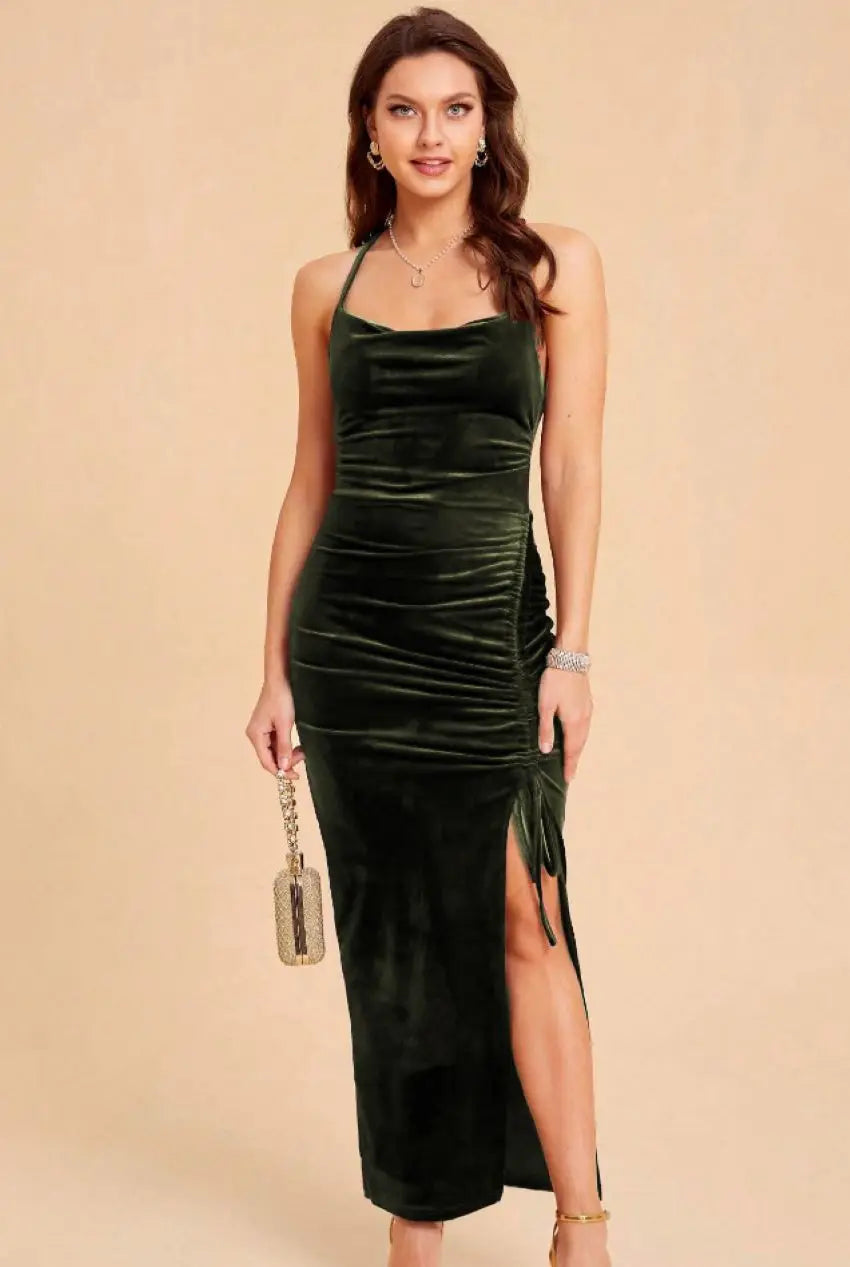 Sexy Velvet Suspender Dress With Side Slit Drawstring