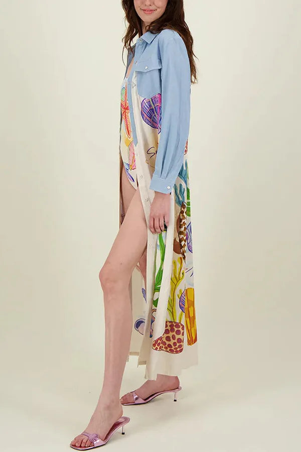 Personality Printed Long Sleeve Single Breasted Shirt with Lapel Collar and Skirt Set for Women