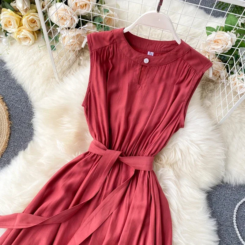 Sleeveless Summer Dress Solid Colors Green Blue Yellow Casual