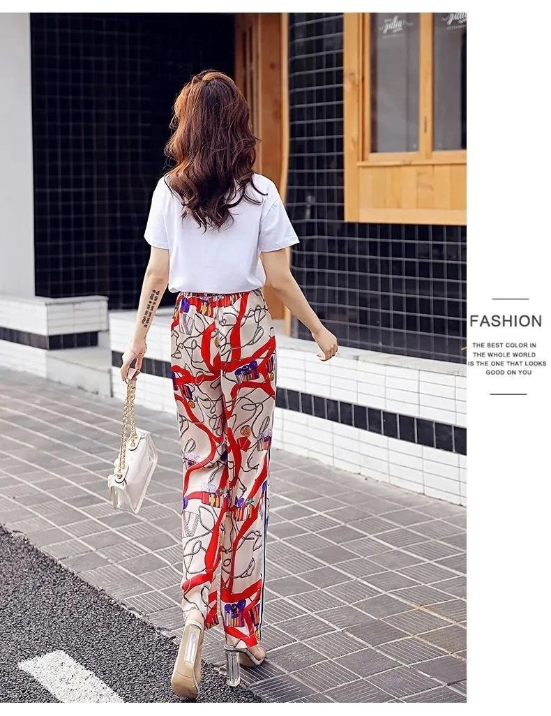 Women's Plus Size Two Piece Suit Set with Short Sleeve Tops and Wide Leg Pants for Casual Summer Fashion