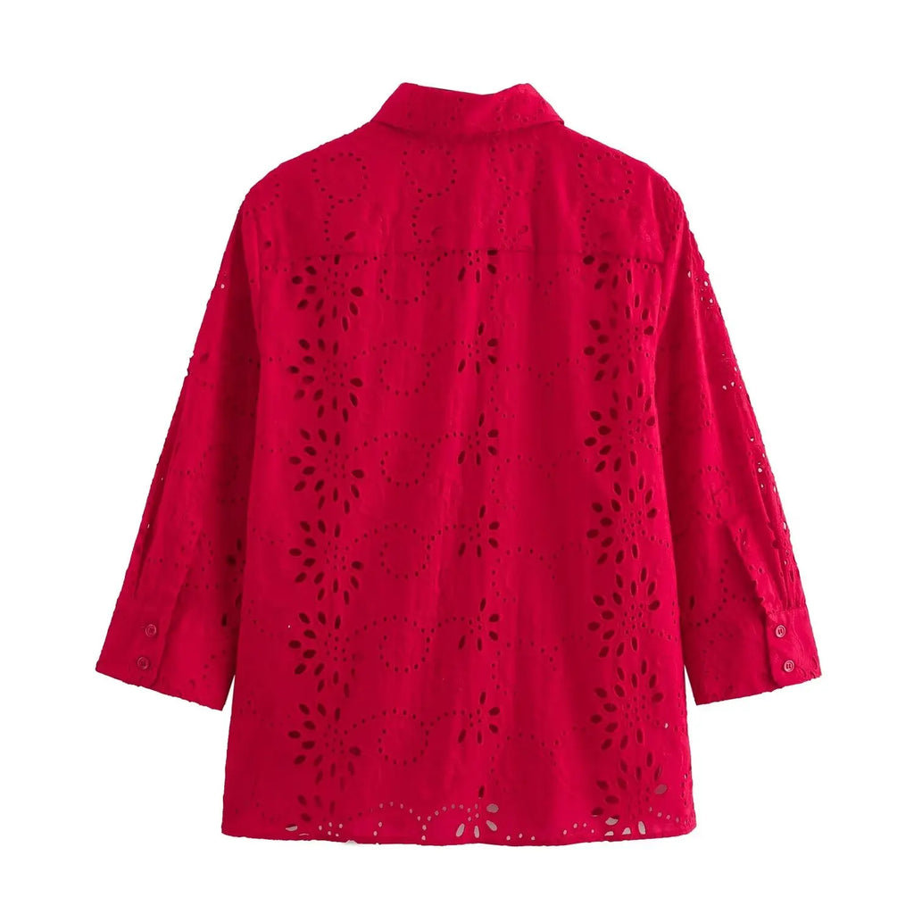 Women Casual Embroidered Hollow Single Breasted Lapel Shirt Top Long Sleeve Curved Hem Loose Fit Blouse