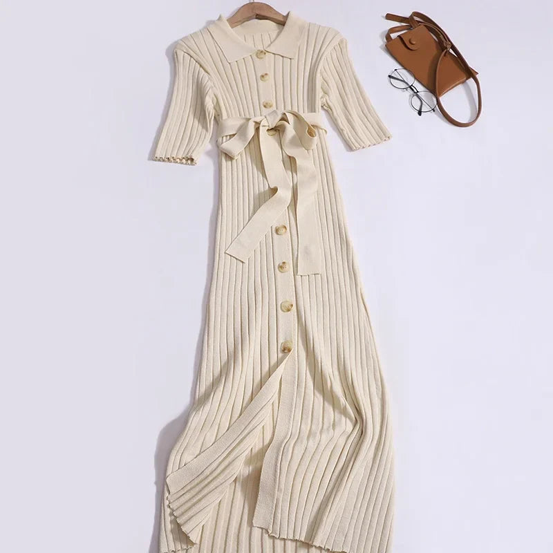 Knitted Cardigan Dress For Women Button Up Short Sleeve